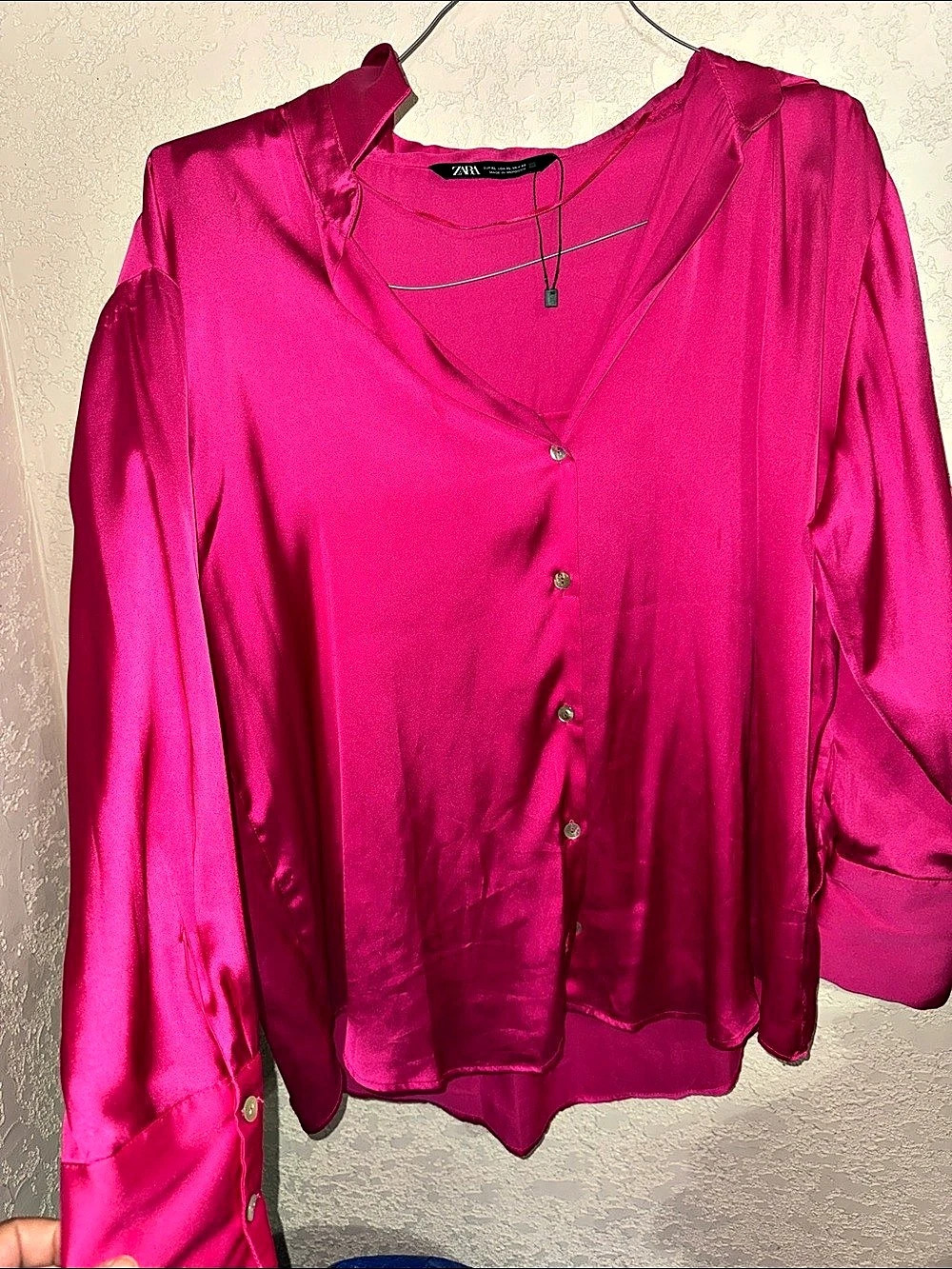 Zara Satin-Look Button Front Blouse in Pink